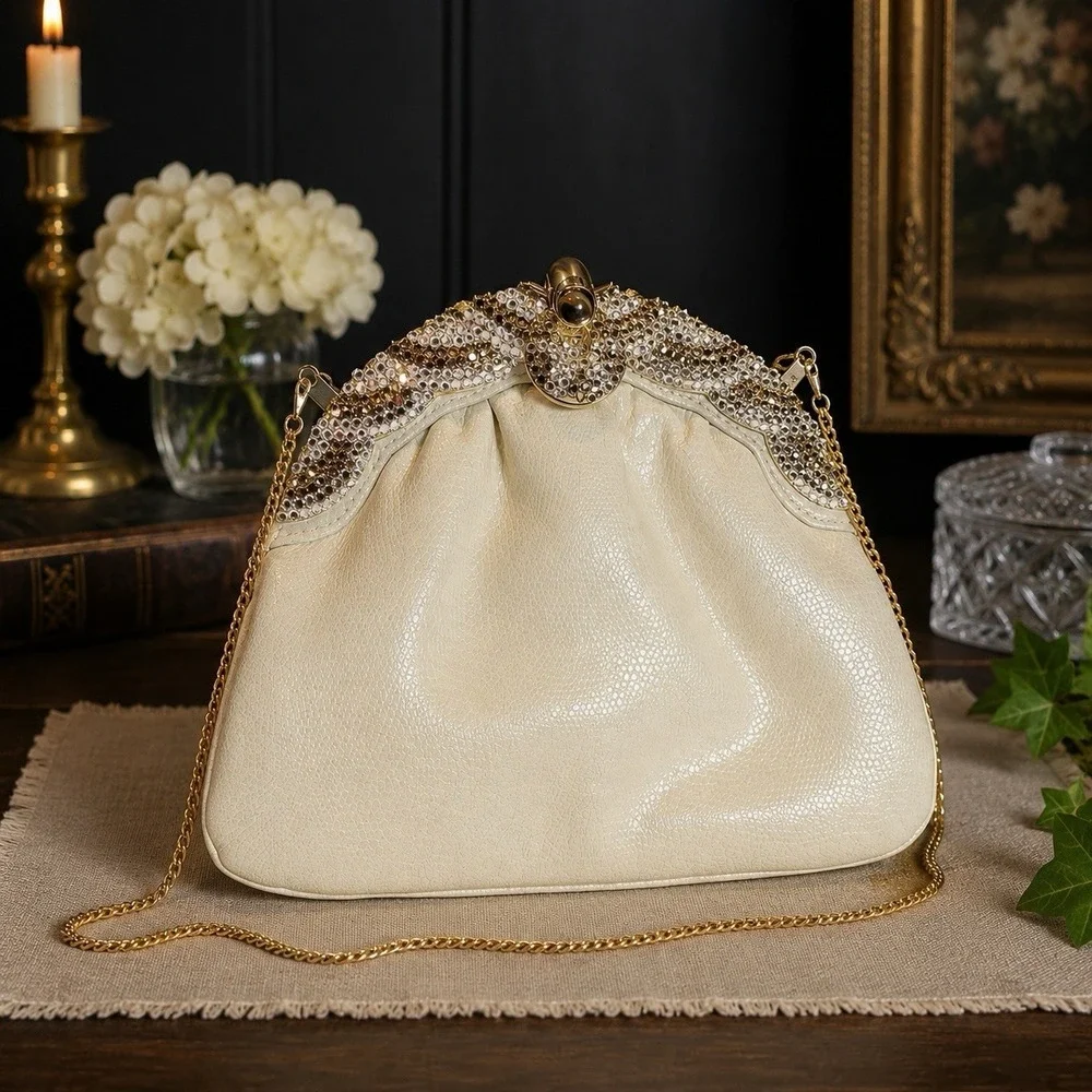 Elan Ivory Evening Clutch Rhinestone Crystal Purse Gold Chain Wedding Bag